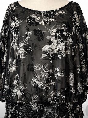 Semi Sheer Burnout Velvet Floral Plus Size Blouse Smocked Hem Lightweight Chic